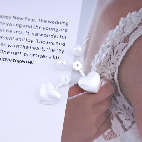 Vintage Pearl Heart Ear Jacket Earrings Love Heart Stud Earrings Gold Puffy Heart Earrings Pearl Jacket Earrings Jewelry for Women (Gold) in Saudi Arabia