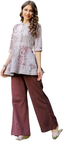 طقم من القطن الكاجوال من FASHION DWAR للسيدات بأكمام 3/4، يتضمن قميصًا وبنطلون - كستنائي in Kuwait