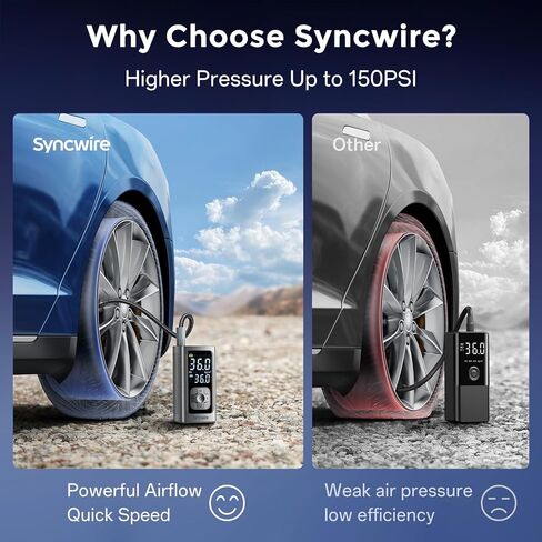 Syncwire Tire Inflator Portable Air Compressor - 150PSI 2X Faster Inflation Smart Air Pump for Car Tires [Extra-large LCD] with Digital Pressure Gauge, Auto Shut-off for Car, Motorcycle, Bike & Balls in Kuwait