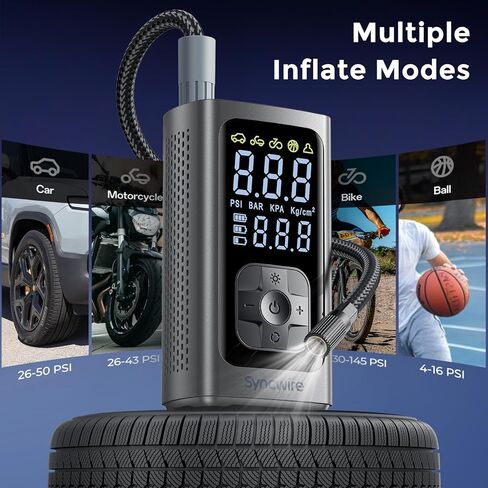 Syncwire Tire Inflator Portable Air Compressor - 150PSI 2X Faster Inflation Smart Air Pump for Car Tires [Extra-large LCD] with Digital Pressure Gauge, Auto Shut-off for Car, Motorcycle, Bike & Balls in Kuwait
