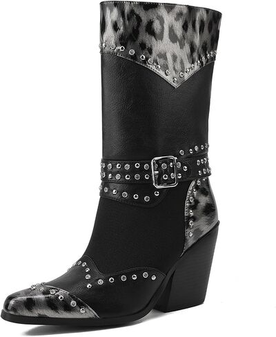 Cowboy Boots for Women - Metallic Mid Calf Cowgirl Boots with Embroidery Sparkly Western Wide Calf Short Boots Fashion Pull on Pointy Toe Chunky Stacked Heel 2.5" in Saudi Arabia