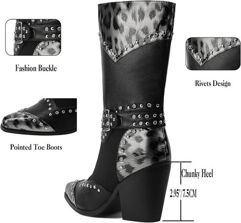 Cowboy Boots for Women - Metallic Mid Calf Cowgirl Boots with Embroidery Sparkly Western Wide Calf Short Boots Fashion Pull on Pointy Toe Chunky Stacked Heel 2.5" in Saudi Arabia