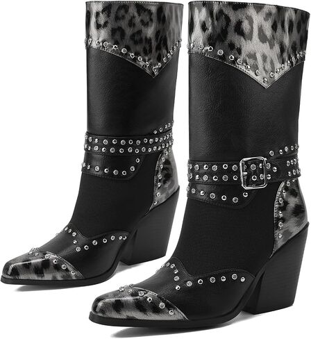 Cowboy Boots for Women - Metallic Mid Calf Cowgirl Boots with Embroidery Sparkly Western Wide Calf Short Boots Fashion Pull on Pointy Toe Chunky Stacked Heel 2.5" in Saudi Arabia