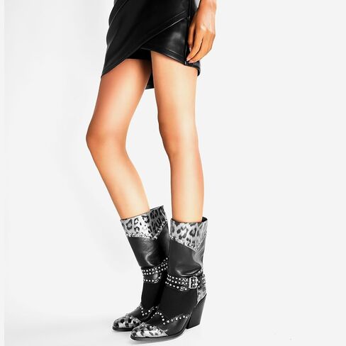 Cowboy Boots for Women - Metallic Mid Calf Cowgirl Boots with Embroidery Sparkly Western Wide Calf Short Boots Fashion Pull on Pointy Toe Chunky Stacked Heel 2.5" in Saudi Arabia