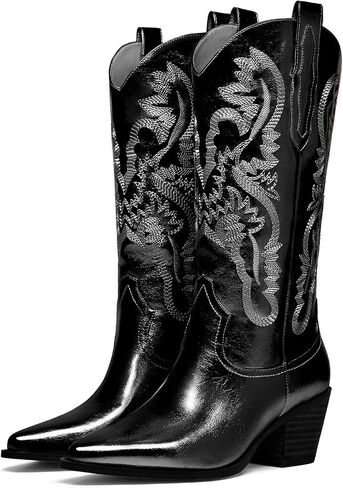 Cowboy Boots for Women - Metallic Mid Calf Cowgirl Boots with Embroidery Sparkly Western Wide Calf Short Boots Fashion Pull on Pointy Toe Chunky Stacked Heel 2.5" in Saudi Arabia