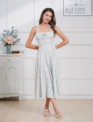 Floral Corset Dress Solid Long Dress Sleeveless Halter Low Cut Dress Open Back Bustier Midi Dress Summer in Saudi Arabia