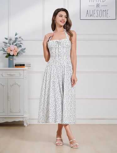 Floral Corset Dress Solid Long Dress Sleeveless Halter Low Cut Dress Open Back Bustier Midi Dress Summer in Saudi Arabia