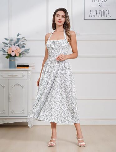 Floral Corset Dress Solid Long Dress Sleeveless Halter Low Cut Dress Open Back Bustier Midi Dress Summer in Saudi Arabia