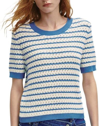 Striped Knit Short Sleeve Sweater for Women Casual Crew Neck Pullover Summer Shirts Trendy Soft Work Tops in Saudi Arabia