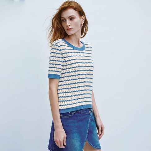 Striped Knit Short Sleeve Sweater for Women Casual Crew Neck Pullover Summer Shirts Trendy Soft Work Tops in Saudi Arabia