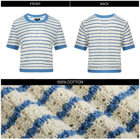 Striped Knit Short Sleeve Sweater for Women Casual Crew Neck Pullover Summer Shirts Trendy Soft Work Tops in Saudi Arabia