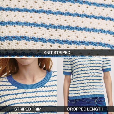 Striped Knit Short Sleeve Sweater for Women Casual Crew Neck Pullover Summer Shirts Trendy Soft Work Tops in Saudi Arabia