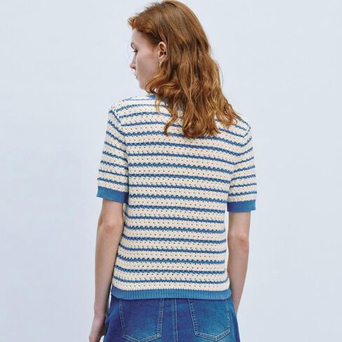Striped Knit Short Sleeve Sweater for Women Casual Crew Neck Pullover Summer Shirts Trendy Soft Work Tops in Saudi Arabia