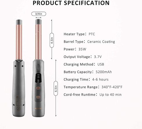 مكواة تجعيد الشعر اللاسلكية من Aokitec مقاس 3/4 بوصة مع بطارية 5200 مللي أمبير في الساعة، تسخين فوري يصل إلى 420 درجة فهرنهايت، عصا تجعيد لاسلكية بشحن USB، مكواة شعر محمولة للسفر (قفاز متضمن) in Kuwait