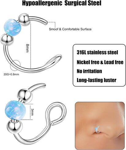 Fake Nose Ring Hoops Opal Fake Septum Nose Piercing Jewelry 20G Clip On Surgical Steel Faux Nose Rings for Women Men Non Pierce Lip Ear Cartilage Helix Rings No Piercing Body Jewelry in Saudi Arabia
