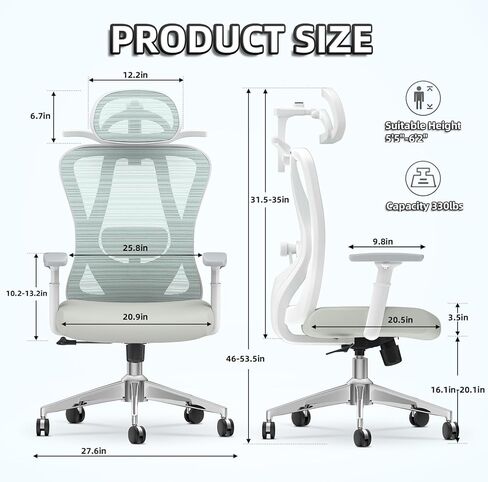 كرسي مكتب مريح، كرسي مكتب شبكي عالي الظهر مع دعم قطني قابل للتعديل، مسند ظهر هزاز 135 درجة، مسند ذراع ومسند رأس قابلان للتعديل، شماعة معطف، أفضل كرسي مكتب لساعات طويلة، أسود in Kuwait