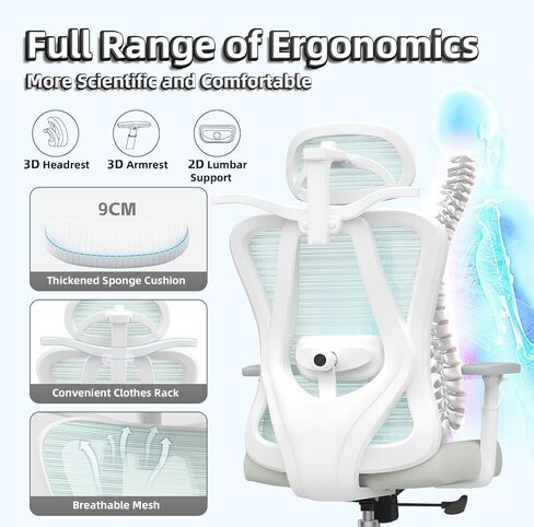 كرسي مكتب مريح، كرسي مكتب شبكي عالي الظهر مع دعم قطني قابل للتعديل، مسند ظهر هزاز 135 درجة، مسند ذراع ومسند رأس قابلان للتعديل، شماعة معطف، أفضل كرسي مكتب لساعات طويلة، أسود in Kuwait