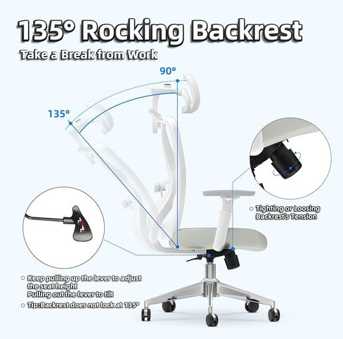 كرسي مكتب مريح، كرسي مكتب شبكي عالي الظهر مع دعم قطني قابل للتعديل، مسند ظهر هزاز 135 درجة، مسند ذراع ومسند رأس قابلان للتعديل، شماعة معطف، أفضل كرسي مكتب لساعات طويلة، أسود in Kuwait