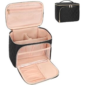 Travel Makeup Bag Organizer, Large Make Up Bag for Women, Double Layer Cosmetic Bag with Removable Dividers, Portable Makeup Case Storage, Black
