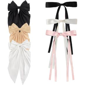 6pcs Hair Bow for Women Girls Large Bows Hair Ribbon Silky Black Bows for Hair with Bowknot Long Tail Elegant Big Hair Clips Hair Barrette Hair Pins Black/Khaki/White/Beige/Pink Bow