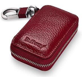 Buffway Car Key case,Genuine Leather Car Key Chain Keychain Holder Metal Hook and Keyring Zipper Bag for Remote Key Fob - Black