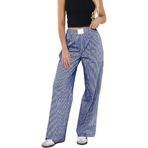 Womens Y2K Striped Lounge Pants Low Rise Elastic Waist Pajamas Pants Casual Loose Wide Leg Trousers With Pockets