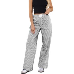 Womens Y2K Striped Lounge Pants Low Rise Elastic Waist Pajamas Pants Casual Loose Wide Leg Trousers With Pockets