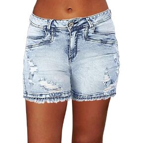 Flamingals Ripped Stretchy Jean Shorts for Women Raw Hem Mid Waist Casual Trendy Denim Shorts