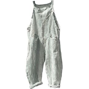 CHARTOU Women Oversized Summer Casual Stripes Cargo Jumpsuit Wide Leg Bib Overall Striped Linen Pants Dungarees Pocket
