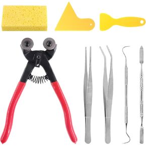 Swpeet 8Pcs Mosaic Tools Kit, Including Heavy Duty Glass Mosaic Cut Nippers Wheeled Cutter Pliers and 2Pcs Scrapers, 2Pcs Tweezers, 1Pcs Double-EndedHook, 1Pcs Spatula with 1Pcs Sponge for Mosaic Tile