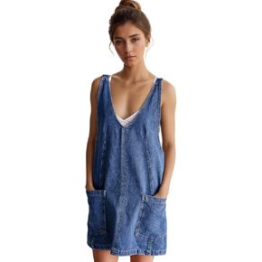 LifeShe Denim Overall Dress for Women Sleeveless High Roller Skirtall Short Jean Jumper Dress Mini Pinafore