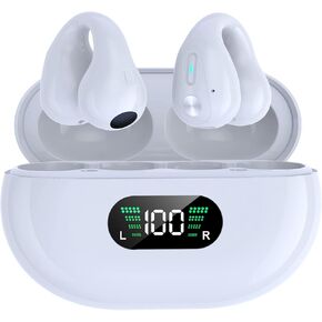 SHIJIAET Open Ear Bone Conduction Headphones, Bluetooth Wireless Clip On Earbuds with Digital Display Charging Case 60 Hours Playtime IPX4 Waterproof Sports Headphones for Running, Walking, Workout