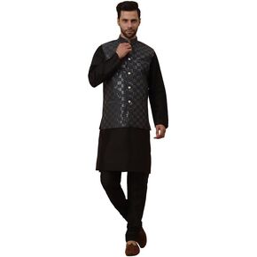 Men's Silk Blend Kurta, Churidar With Cotton Silk Sequenced Embroided Nehru Jacket set, Ethnic Traditional Wear