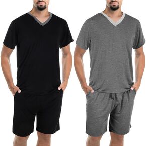 2 Sets Men's V Neck Pajamas Summer Pjs Set Soft Modal Nightwear Short Sleeve and Shorts with Pocket Comfy Sleepwear