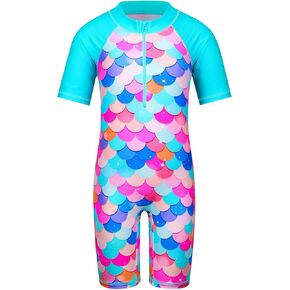 TFJH E Short Sleeve Girls Swimsuits UV 50+ One Pieces Bathing Suits Zipper 2-14Y