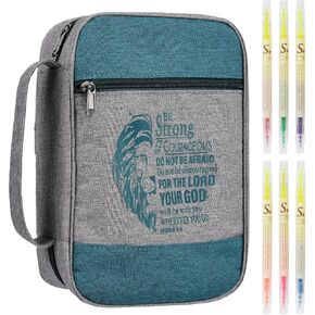 Bible Cover Case for Men Boys Mens Bible Carrying Bag Church Study Book Carrier with Pockets Handle Zipper, Highlighter Set Christian Gift Fits Medium Large Size Bible 10"x7.5"x2.2" (Blue)