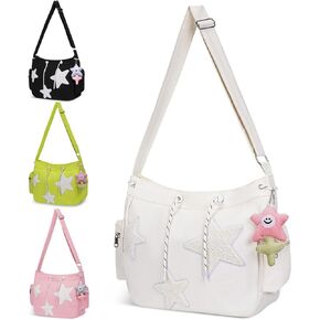 Cute Tote Bag for Women, Aesthetic Canvas Crossbody Bag Y2k Star Hobo Shoulder Purse Kawaii Zipper Messenger Bag