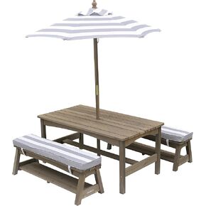 KidKraft Outdoor Wooden Table & Bench Set with Cushions and Umbrella, Kids Backyard Furniture, Gray and White Stripes