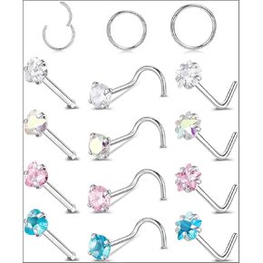 20G Nose Rings Hoops L Shape Hypoallergenic Screw Studs Rings 316L Surgical Stainless Steel Body Piercing Jewelry for Women Men Dainty Nose Ring Nose Stud Cubic Zirconia Size 1.5/2/3mm Gold/Silver 12pcs