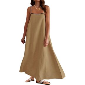 فستان نسائي طويل من الكتان بحافة متباينة وأشرطة سباغيتي ملابس صيفية للسفر والإجازات فساتين طويلة بدون أكمام in Kuwait
