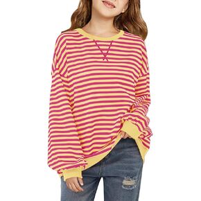 Haloumoning الفتيات مخطط Crewneck البلوز الاطفال كم طويل المتضخم سترة أنيقة تحمل شعار لعبة البيسبول القمم ملابس الخريف 5-14 سنة