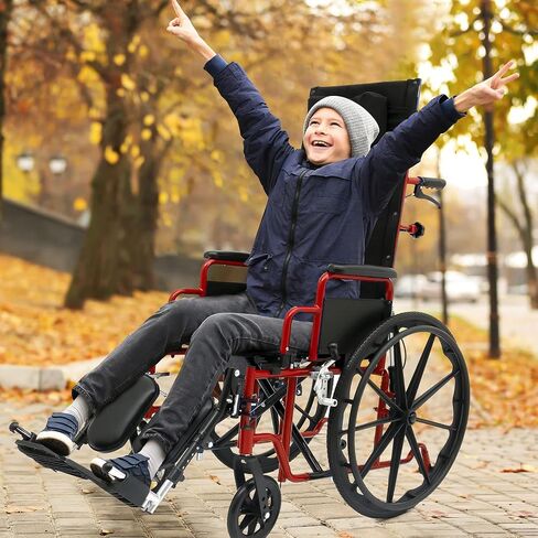 Ziggo Pro 14" Reclining Manual Wheelchair for Kids, Young Adults. Foldable Design Makes it Easy to Carry and Store. Eye-catching Colored Steel Frame with Straps & Desk Length Armrest in Kuwait