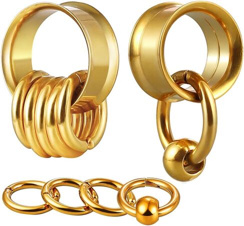 2 Pcs Ear Plugs Tunnels with 10 Pcs Stacked Rings and 2 Pcs Beads Stainless Steel Ear Gauges, Size 2g - 1 inch Surgical Steel Ear Stretcher Expander Body Jewelry in Kuwait