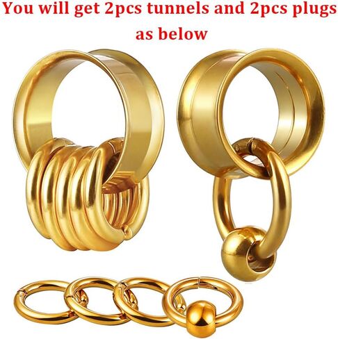 2 Pcs Ear Plugs Tunnels with 10 Pcs Stacked Rings and 2 Pcs Beads Stainless Steel Ear Gauges, Size 2g - 1 inch Surgical Steel Ear Stretcher Expander Body Jewelry in Kuwait