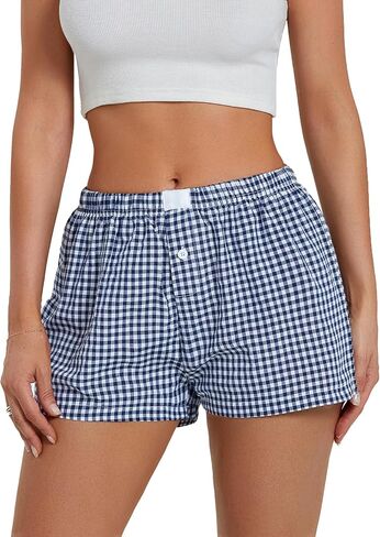 Y2K Boxer Shorts Women Plaid Striped Print Gingham Lounge Pajama Low Elastic Waist Sleeping Micro Short Pj Pants in Kuwait