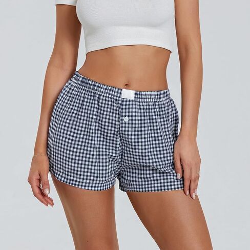 Y2K Boxer Shorts Women Plaid Striped Print Gingham Lounge Pajama Low Elastic Waist Sleeping Micro Short Pj Pants in Kuwait