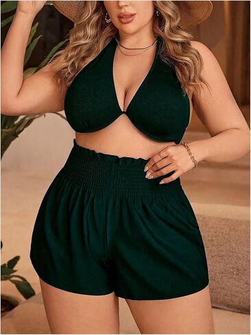 MakeMeChic Women's Plus Size Swim Shorts Ruffle High Waist Swimsuit Shorts Tankini Bottom in Saudi Arabia
