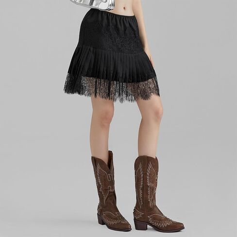 Women Y2K Black White Lace Mini Skirt Low Rise Half Slip Underskirt Ruffle Pleated Layered Flowy Short Skirts in Saudi Arabia
