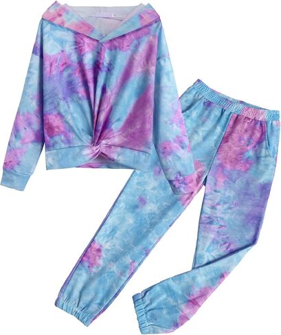 Arshiner Girl's 2 Piece Outfits Tie-dye Twist Front Pullover Hooded Sweatsuits Sweatshirt and Sweatpants Clothing Set in Saudi Arabia