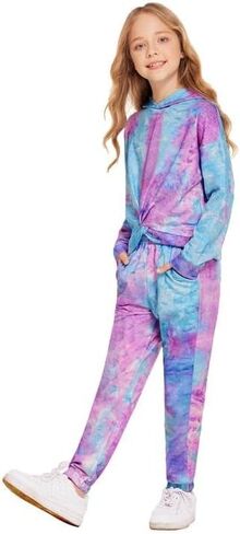 Arshiner Girl's 2 Piece Outfits Tie-dye Twist Front Pullover Hooded Sweatsuits Sweatshirt and Sweatpants Clothing Set in Saudi Arabia